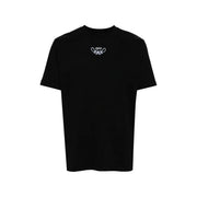 T-shirt homme noir et blanc cassé avec logo brodé blanc sur la poitrine, idéal pour une tenue décontractée.