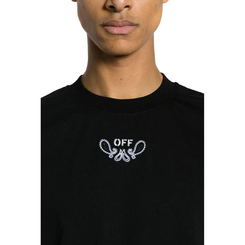 Pull ras du cou noir et blanc cassé pour homme t-shirt orné d'un logo brodé blanc avec des motifs cachemire décoratifs en spirale
