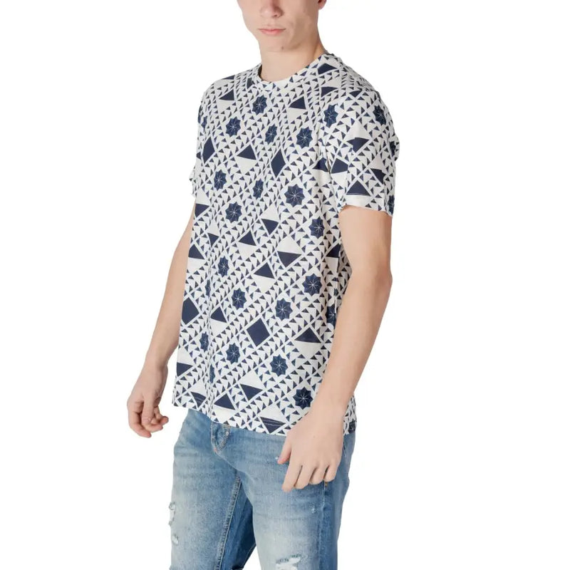 White patterned short sleeve t shirt for men with navy blue geometric and floral design on white fabric