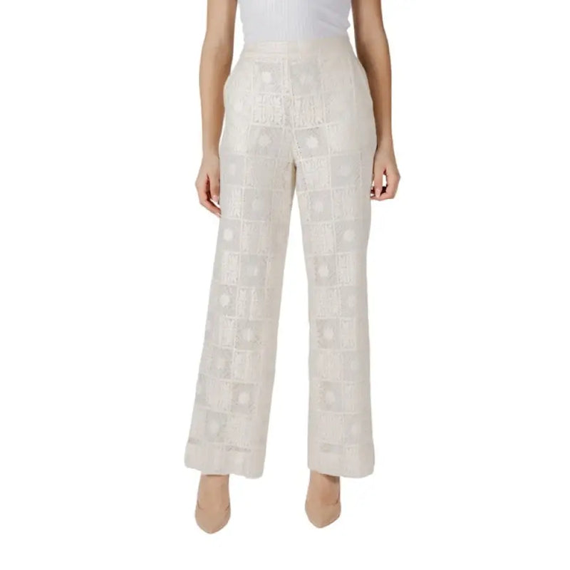 Stylish White Patterned Wide-Leg Pants showcased as Black Lace Wide Leg Pants