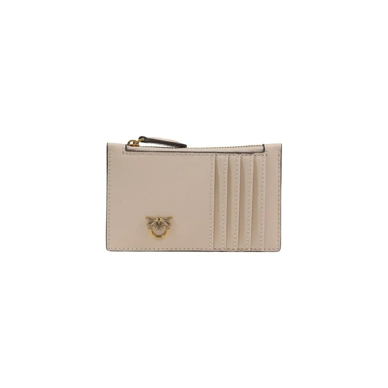 cuir beige Pinko Porte-cartes pour femme avec logo oiseau doré et fermeture éclair, doté de poches intérieures
