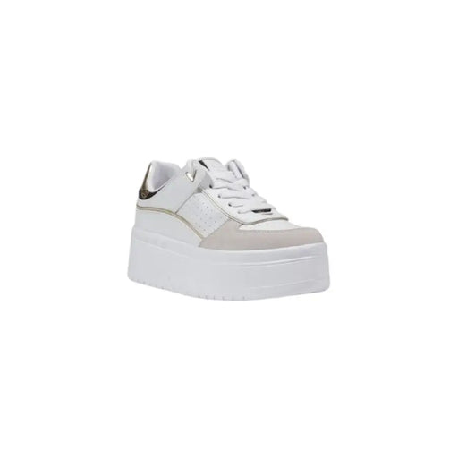 White platform sneaker with metallic accents in a stylish footwear product display