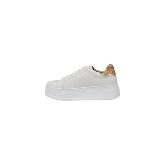 White platform sneaker with gold accents showcased in White Platform Sneakers product image
