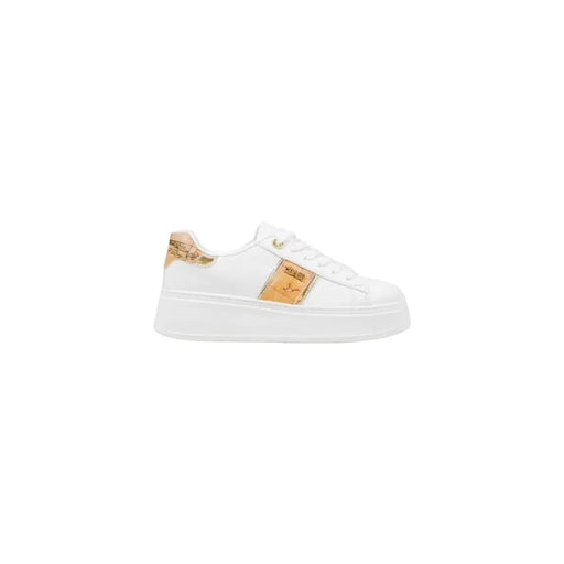 White platform sneakers with antique map design on sides and heel by Alviero Martini Prima Classe