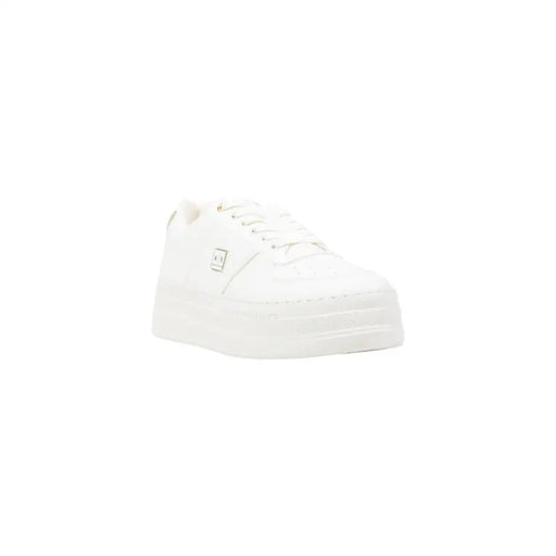 White platform sneakers with metallic logo on the side from Armani Exchange for women