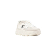 White faux leather slip-on women’s sneakers with a black logo on the side