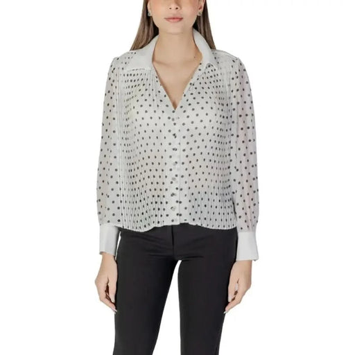 Morgan De Toi Women’s Classic Black Blouse with white polka dot design