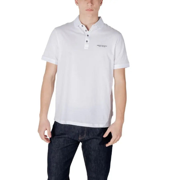 White Polo Shirt paired with Dark Blue Jeans from Armani Exchange Men’s Collection