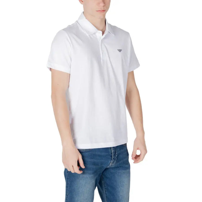 White polo shirt paired with blue jeans in the product White Polo Shirt and Blue Jeans