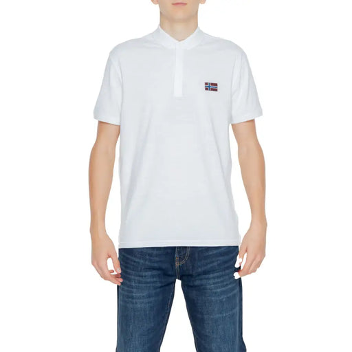 White polo shirt featuring a flag patch from the White Polo Shirt Collection