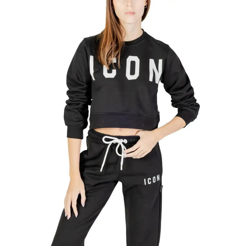 Black cropped women’s sweatshirt with white icon print