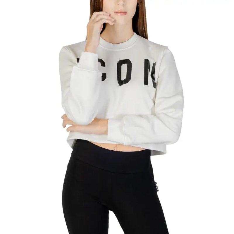 White cropped sweatshirt with bold black icon lettering on chest