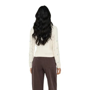 Pull à manches longues pour femme, couleur crème, en mélange de coton avec manches en dentelle en zigzag