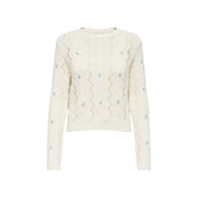 Pull en maille torsadée couleur crème avec fleurs brodées pour femme
