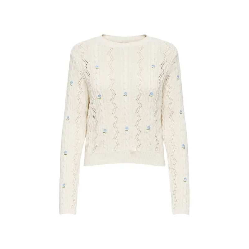 Pull en maille torsadée couleur crème avec fleurs brodées pour femme