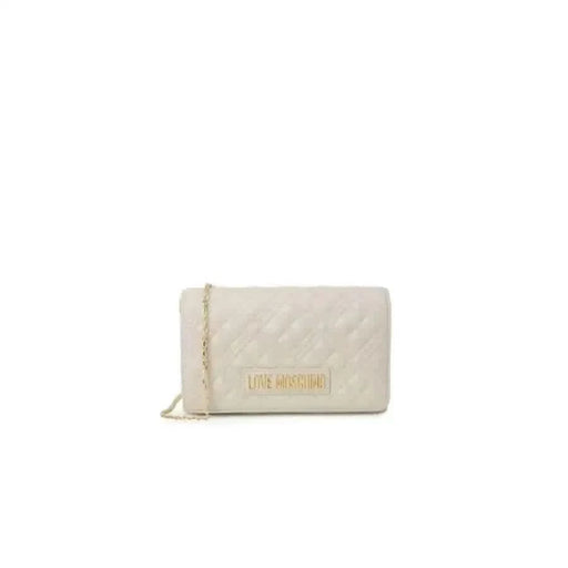White quilted Love Moschino clutch purse with gold branding and chain strap