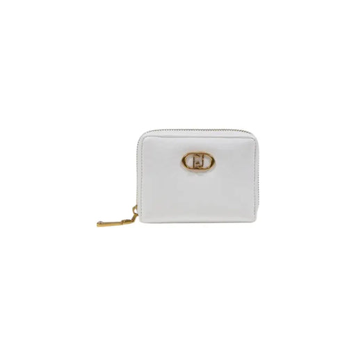 White patent leather rectangular wallet with gold hardware for elegant storage