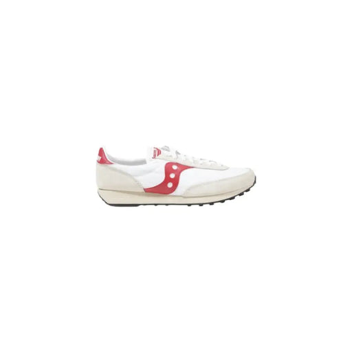 White and red Saucony sneaker displayed in a stylish product image