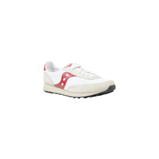 White and red Saucony sneaker displayed in the product image