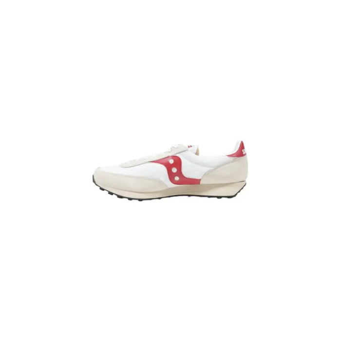 White and red Saucony sneaker displayed in the product image