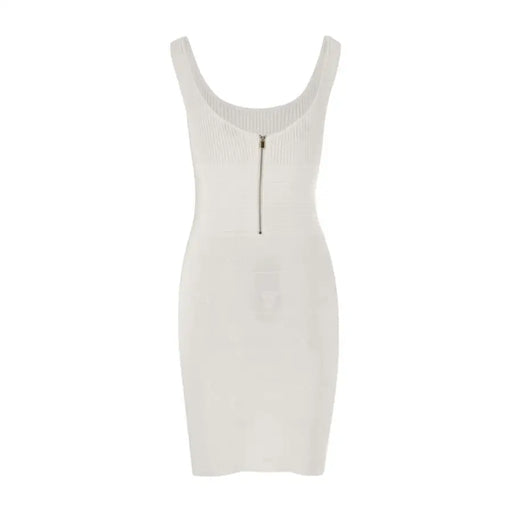 White ribbed knit dress with zipper and gold buttons for a sophisticated look