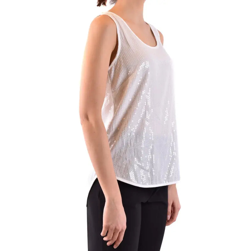 White sequin scoop neck tank top worn by a woman, featured in the Classic Tank Top product