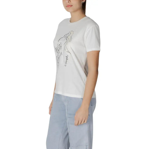 White short-sleeve crewneck T-shirt with black line-art graphic for Desigual Women