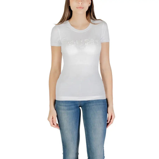 White fitted short-sleeve T-shirt with subtle textured design on the chest for women