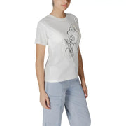 White Cotton T-Shirt with Black Line-Art Woman and Floral Design for Women