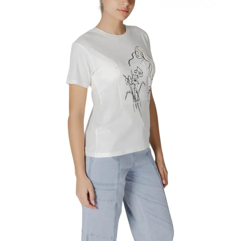 White Cotton T-Shirt with Black Line-Art Woman and Floral Design for Women