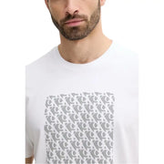 White short sleeve cotton t shirt with repeating gray abstract logo pattern across the chest