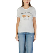 White short-sleeve women’s T-shirt with cartoon teddy bears and PERFECT MATCH text