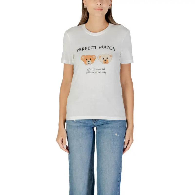White short-sleeve women’s T-shirt with cartoon teddy bears and PERFECT MATCH text
