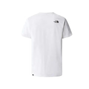 White short sleeved t shirt with a small black North Face logo on the upper left shoulder and matching bottom hem tag