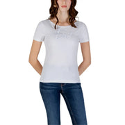 White short sleeved t shirt made of cotton featuring a subtle silver eat logo across the chest