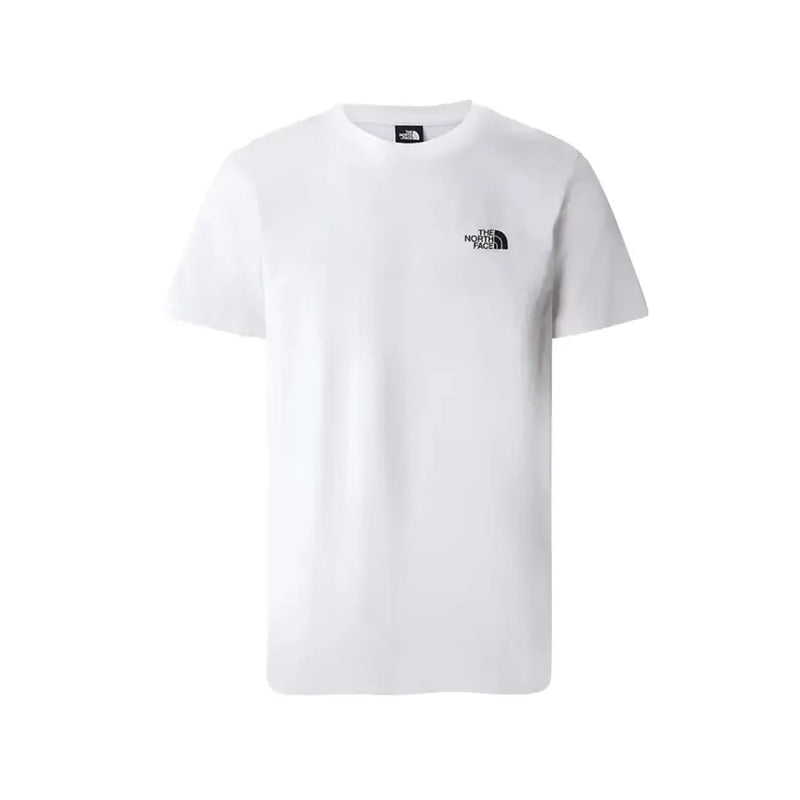 White short sleeved t shirt featuring a black The North Face logo on the chest and collar in a cotton blend