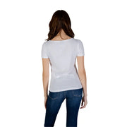 White short sleeved t shirt showing back side with subtle logo in soft breathable cotton fabric for casual wear