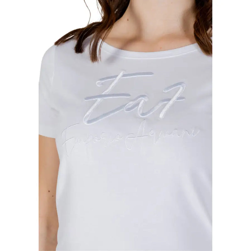 White short sleeved emporio armani t shirt with subtle raised silver embroidered logo on chest