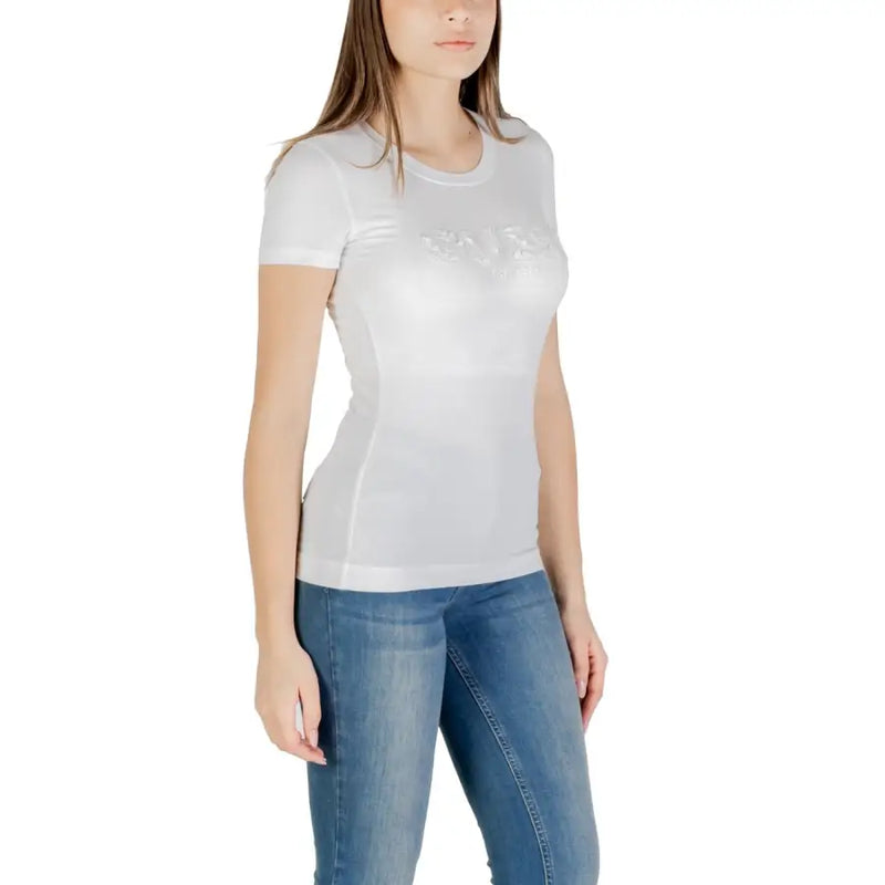 White short-sleeved Guess Women T-shirt with round neckline and paillettes for spring summer