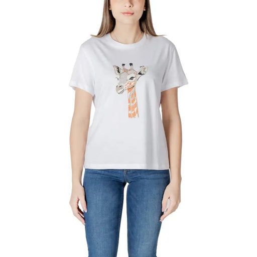 White Liu Jo Women cotton T-shirt with giraffe graphic, short sleeves, round neck