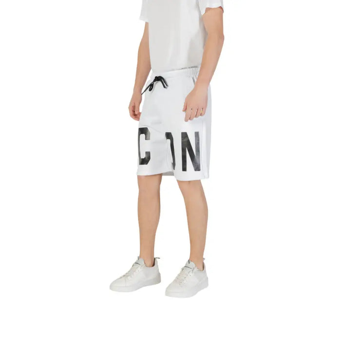 White shorts featuring a prominent ICON print for casual and stylish wear