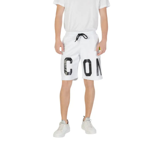 White shorts featuring a prominent ICON print for a stylish and modern look
