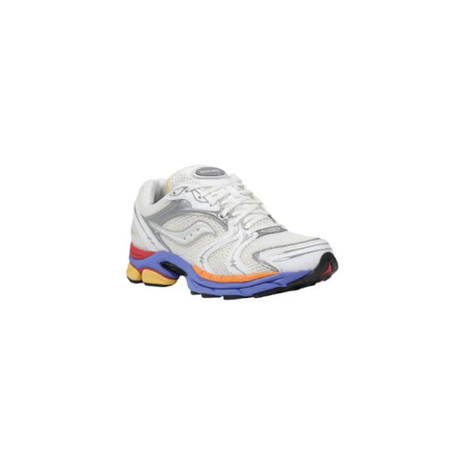 White and Silver Running Shoe with Colorful Accents for Athletic Performance