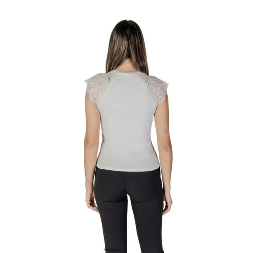 White sleeveless top with lace cap sleeves viewed from behind, Morgan De Toi Women’s T-Shirt