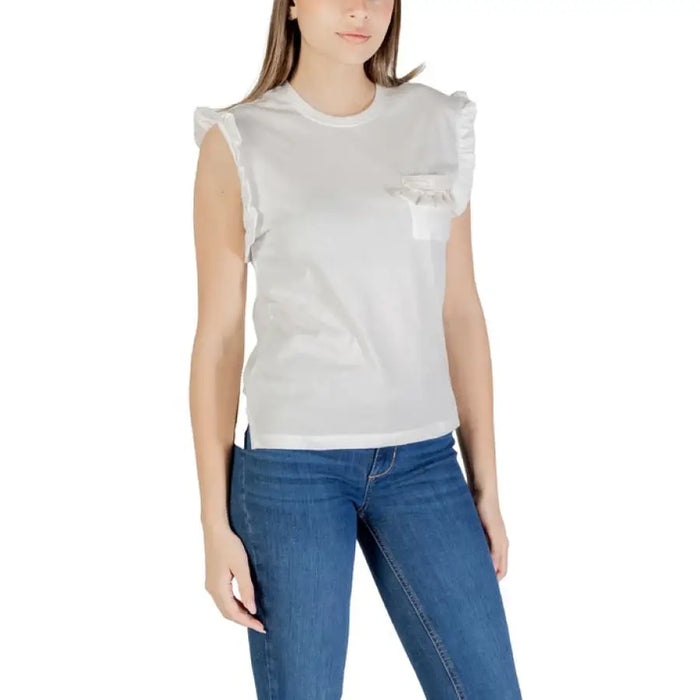 White sleeveless top with ruffled trim and pocket featured in Womens White Sleeveless Top with Pocket