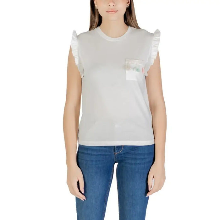 White sleeveless top with ruffled shoulders and pocket for women