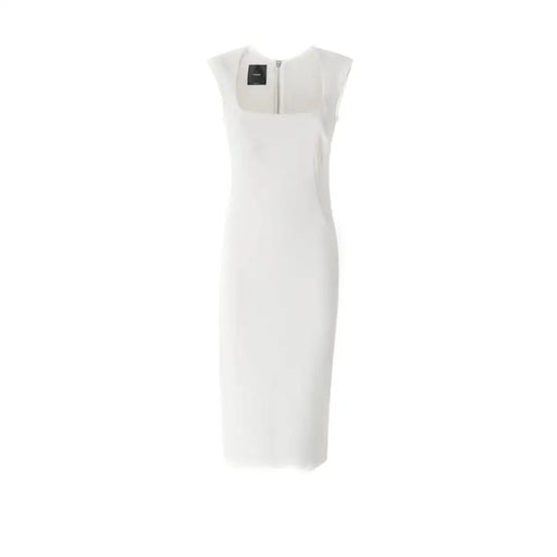 White sleeveless midi sheath dress displayed fashionably on a mannequin for elegant occasions