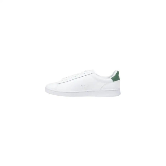 White Leather Lacoste Sneaker with Green Heel Accent shown in the product image