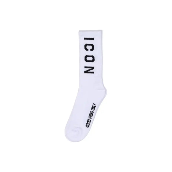White sock featuring bold black ICON lettering on the side