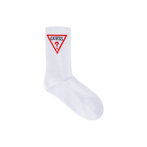 White sock featuring a red logo, perfect for casual and athletic wear